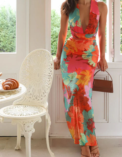 Load image into Gallery viewer, Split Crisscross Back Printed Plunge Maxi Dress
