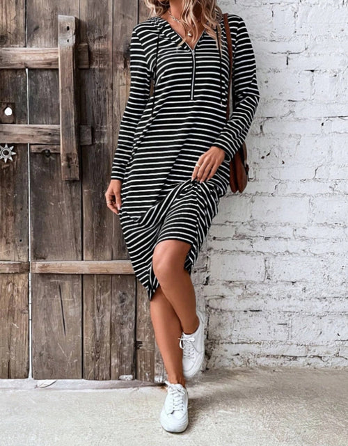 Load image into Gallery viewer, Striped Zip Front Hooded Dress
