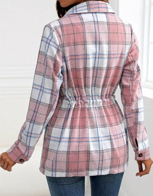 Load image into Gallery viewer, Drawstring Plaid Button Up Jacket with Chest Pockets
