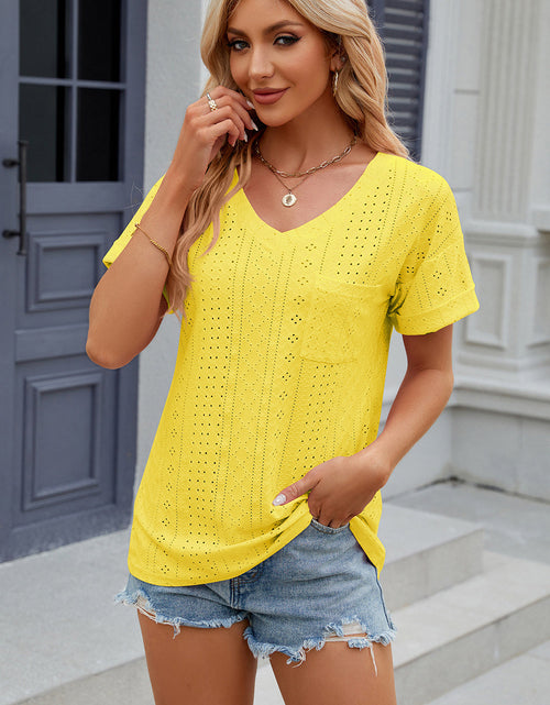 Load image into Gallery viewer, Eyelet V-Neck Short Sleeve T-Shirt
