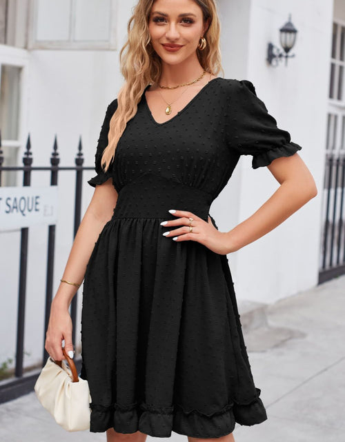 Load image into Gallery viewer, Swiss Dot Frill Trim Flounce Sleeve V-Neck Dress
