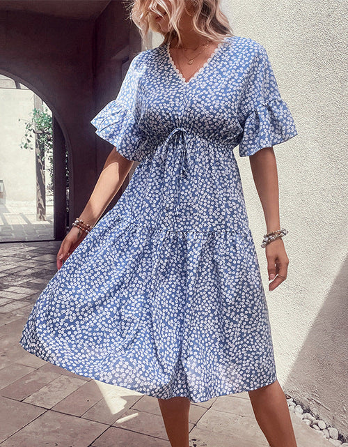 Load image into Gallery viewer, Perfee Floral Flounce Sleeve V-Neck Dress
