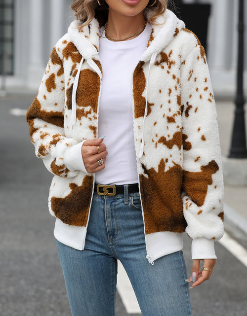 Load image into Gallery viewer, Fuzzy Drawstring Zip Up Hooded Jacket
