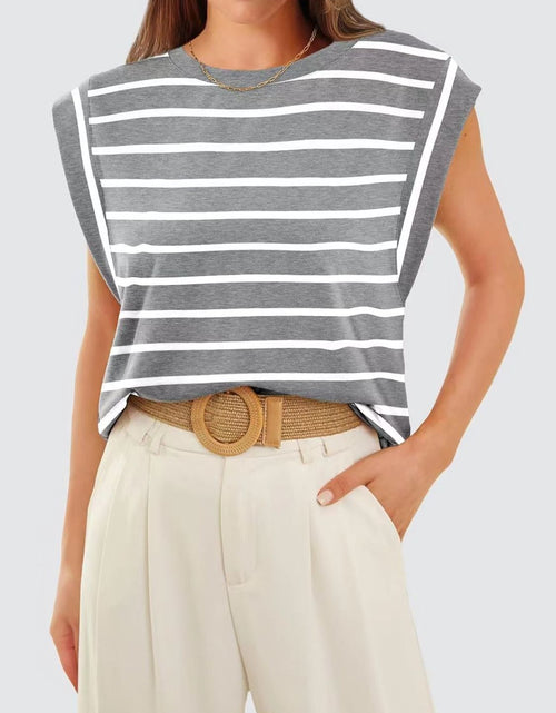 Load image into Gallery viewer, Florira Striped Round Neck Cap Sleeve T-Shirt
