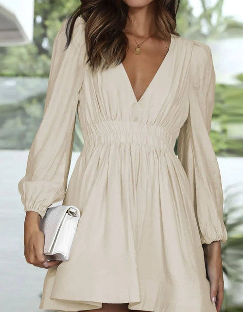 Load image into Gallery viewer, Ruched V-Neck Balloon Sleeve Mini Dress
