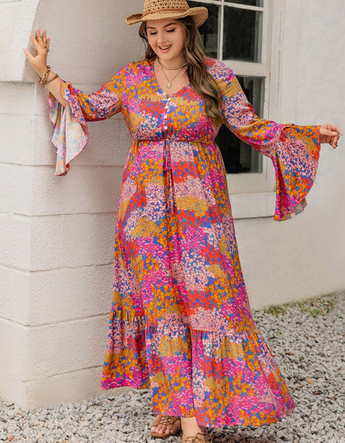 Load image into Gallery viewer, Plus Size Printed V-Neck Long Sleeve Maxi Dress

