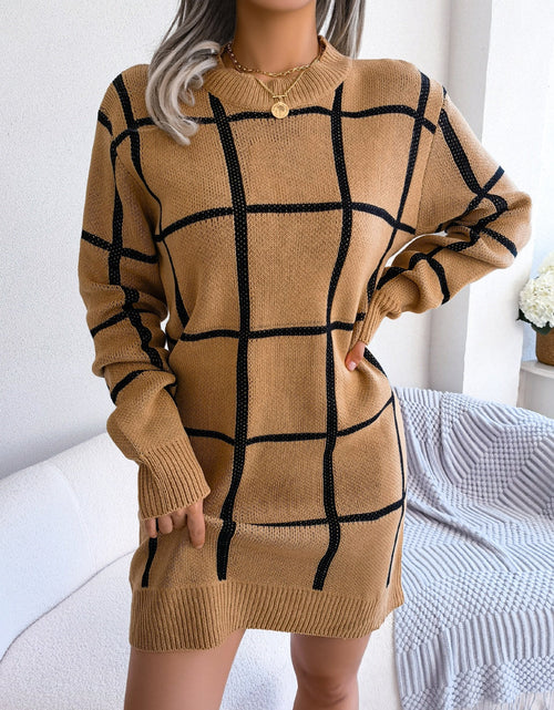 Load image into Gallery viewer, Plaid Round Neck Dropped Shoulder Sweater Dress
