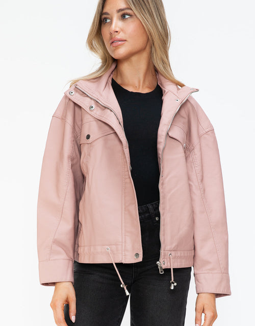 Load image into Gallery viewer, How Dare U Drawstring Hem PU Leather Zip Up Jacket

