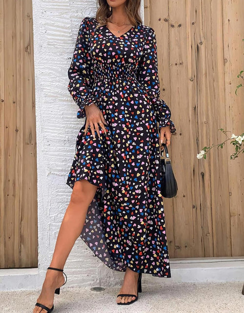 Load image into Gallery viewer, Smocked Printed V-Neck Flounce Sleeve Dress
