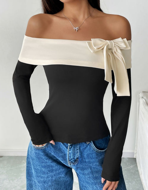 Load image into Gallery viewer, Perfee Bow Contrast Off-Shoulder Long Sleeve Top
