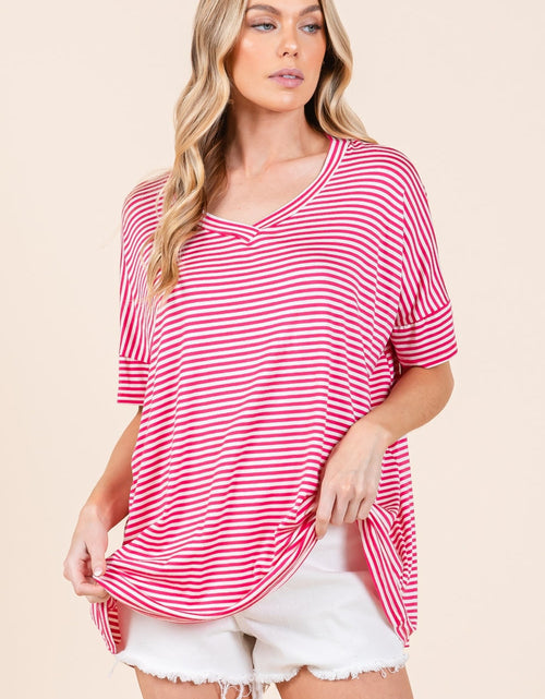 Load image into Gallery viewer, BOMBOM Striped V-Neck T-Shirt

