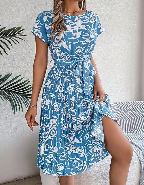 Load image into Gallery viewer, Tied Pleated Printed Short Sleeve Dress
