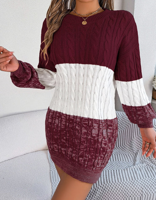 Load image into Gallery viewer, Cable-Knit Round Neck Color Block Sweater Dress
