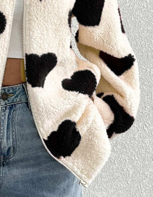 Load image into Gallery viewer, Heart Zip Up Drop Shoulder Furry Jacket
