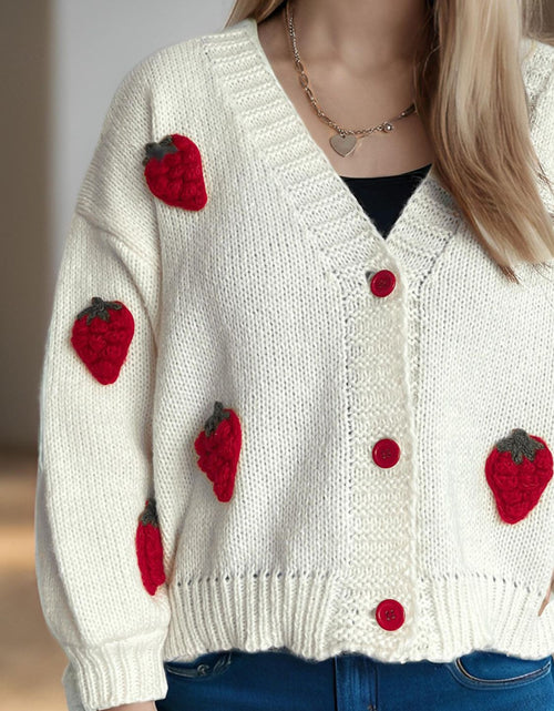 Load image into Gallery viewer, Crochet Strawberry V-Neck Long Sleeve Cardigan
