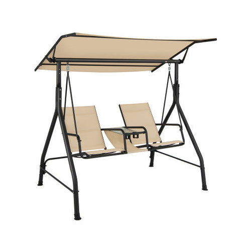 Load image into Gallery viewer, 2-Seat Outdoor Cushioned Porch Swing with Adjustable Canopy and Tempered Glass Table-Beige
