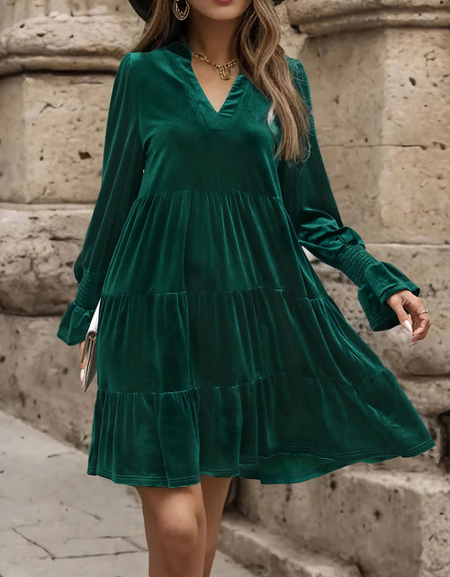 Load image into Gallery viewer, Perfee Notched Long Sleeve Tiered Dress
