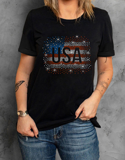 Load image into Gallery viewer, USA Rhinestone Round Neck Short Sleeve T-Shirt

