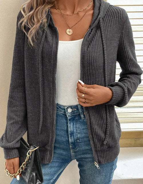 Load image into Gallery viewer, Drawstring Zip Up Long  Sleeve Hooded Jacket
