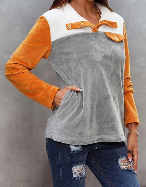 Load image into Gallery viewer, Shiny Color Block Collared Sweatshirt with Pockets
