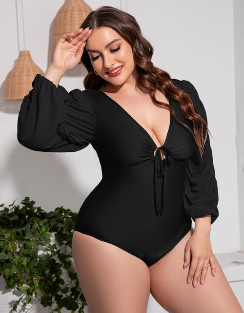 Load image into Gallery viewer, Plus Size Tied Deep V Balloon Sleeve One-Piece Swimsuit
