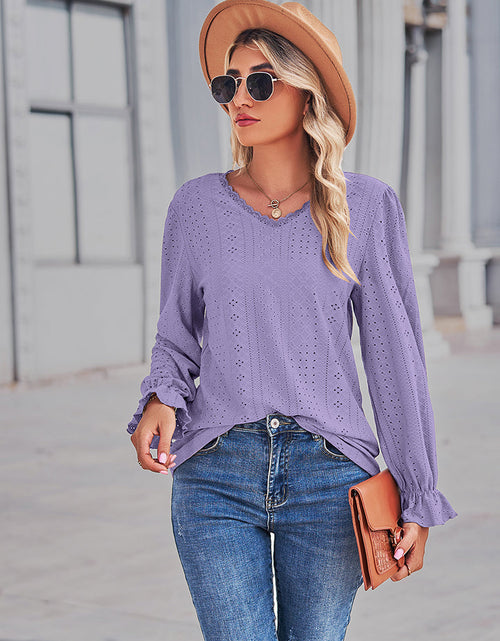Load image into Gallery viewer, Eyelet V-Neck Flounce Sleeve Blouse

