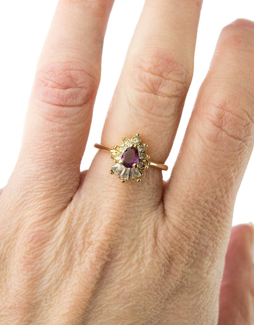 Load image into Gallery viewer, Vintage 1990's Ring Ruby and Clear Austrian Crystals 18k Yellow Gold Plated by PVD Vintage Jewelry
