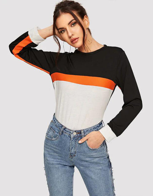 Load image into Gallery viewer, Shiny Color Block Round Neck Long Sleeve Tee
