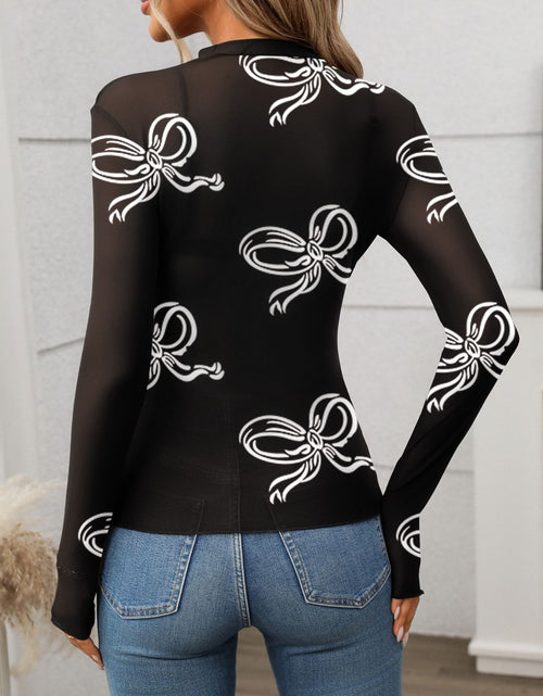 Load image into Gallery viewer, Printed Mock Neck Long Sleeve Mesh T-Shirt
