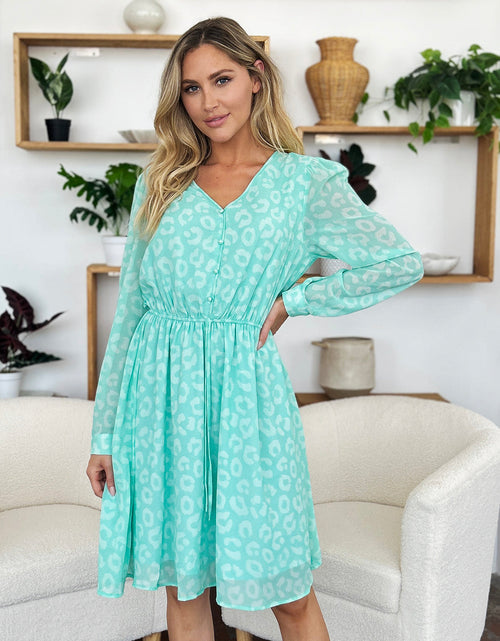 Load image into Gallery viewer, Double Take Full Size Printed Ruched V-Neck Long Sleeve Dress
