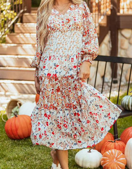 Load image into Gallery viewer, Full Size Printed V-Neck Lantern Sleeve Midi Dress
