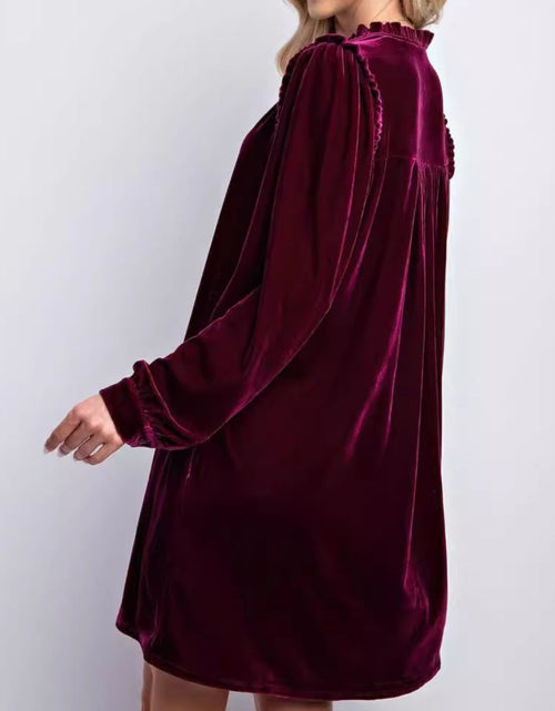 Load image into Gallery viewer, Frill Notched Long Sleeve Dress with Pockets
