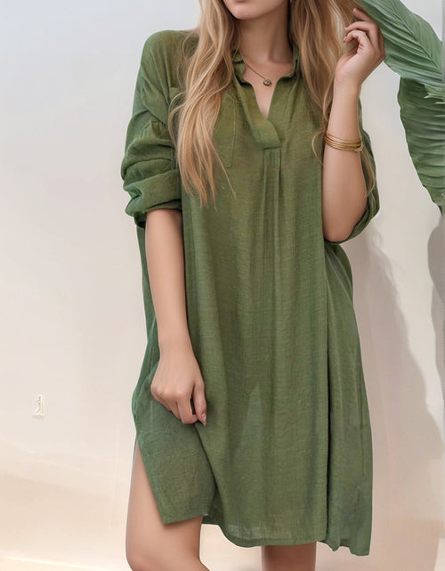 Load image into Gallery viewer, Full Size Side Slit Roll-Tab Sleeve Mini Shirt Dress Plus Size
