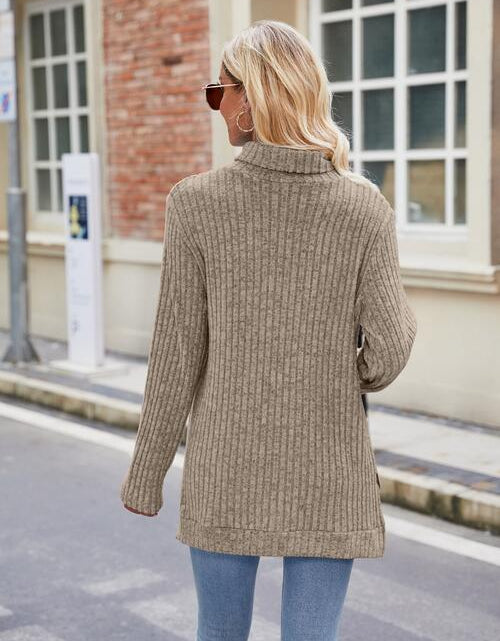 Load image into Gallery viewer, Ribbed Turtleneck Long Sleeve Slit Knit Top
