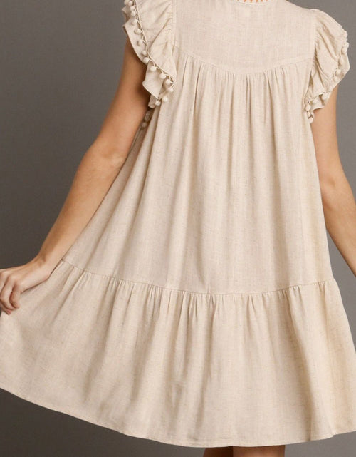 Load image into Gallery viewer, Floral Embroidery Pom Pom Ruffle Sleeves Mini Dress
