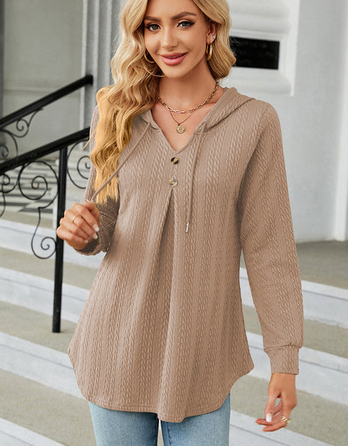 Load image into Gallery viewer, Decorative Button Drawstring Long Sleeve Hoodie
