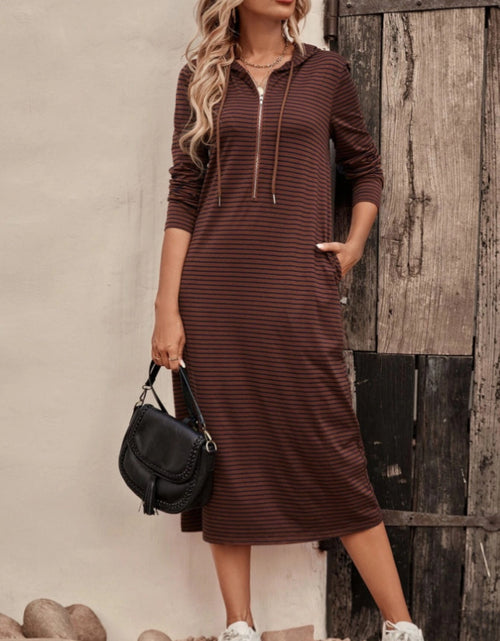 Load image into Gallery viewer, Striped Zip Front Hooded Dress
