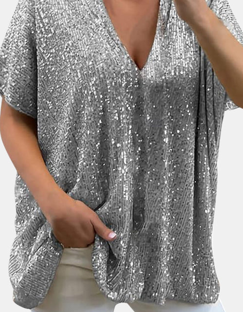 Load image into Gallery viewer, Full Size Sequin V-Neck Short Sleeve Top

