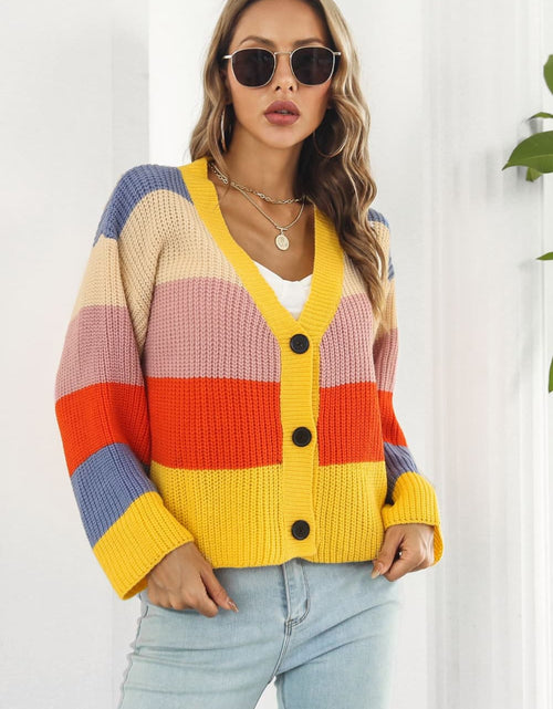 Load image into Gallery viewer, Color Block Button-Down Dropped Shoulder Cardigan
