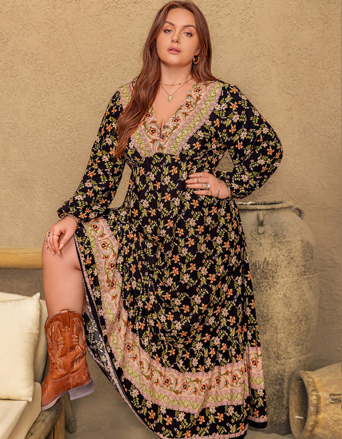 Load image into Gallery viewer, Plus Size Floral V-Neck Balloon Sleeve Dress
