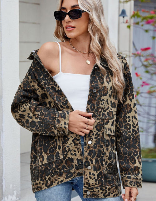 Load image into Gallery viewer, Leopard Button Up Drop Shoulder Denim Jacket
