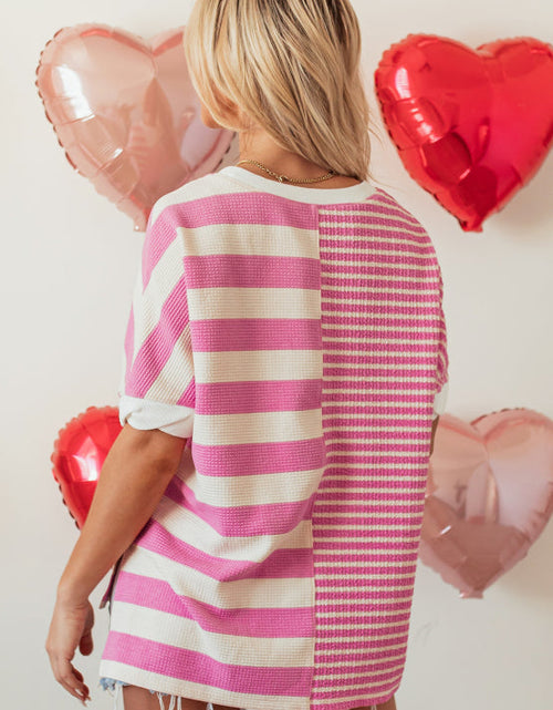 Load image into Gallery viewer, High-Low Striped Round Neck Short Sleeve T-Shirt
