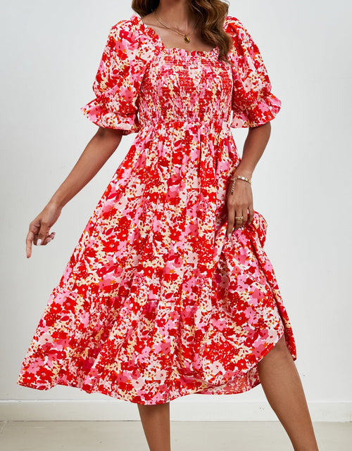 Load image into Gallery viewer, Smocked Floral Square Neck Short Sleeve Dress
