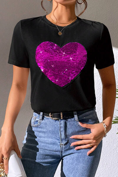 Load image into Gallery viewer, Heart Sequin Round Neck Short Sleeve T-Shirt

