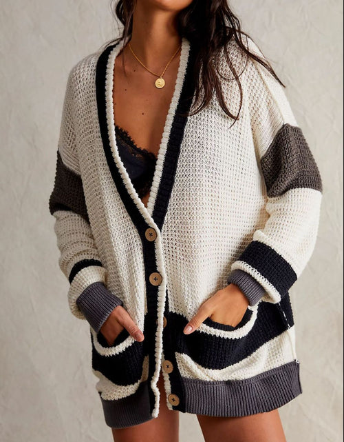 Load image into Gallery viewer, Pocketed Contrast V-Neck Long Sleeve Cardigan
