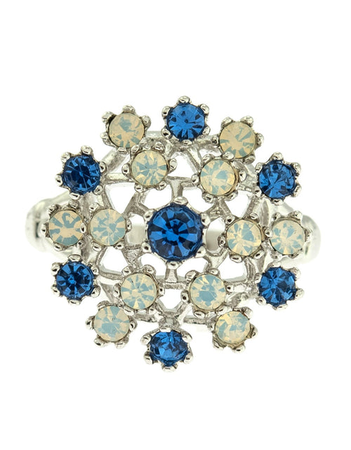 Load image into Gallery viewer, Vintage Ring Ruby Austrian Crystals and Pinfire Opals 18k White Gold Electroplate Made in the USA by PVD Vintage Jewelry
