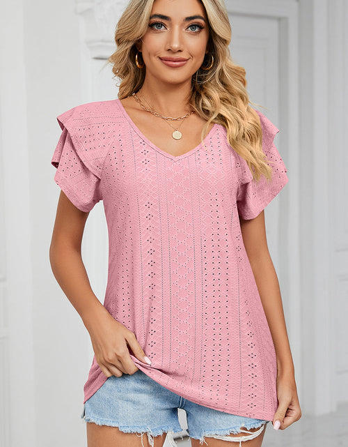 Load image into Gallery viewer, Eyelet V-Neck Short Sleeve T-Shirt
