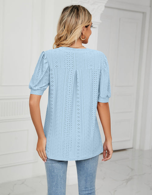 Load image into Gallery viewer, Eyelet Short Puff Sleeve Notched Neck Top
