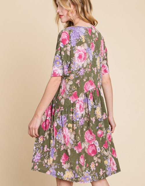 Load image into Gallery viewer, BOMBOM Flower Print V-Neck Ruched Dress
