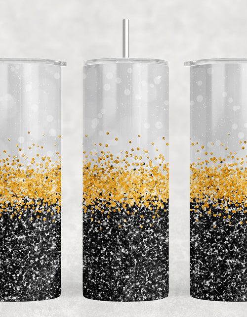 Load image into Gallery viewer, Black and Gold faux glitter|Skinny Tumbler|Optional Bluetooth Speaker| Speaker Color Varies by Rowdy Ridge Co
